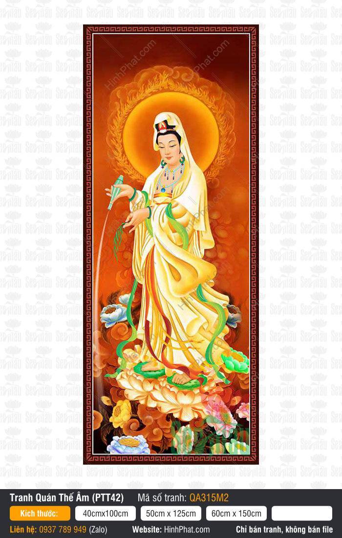 Hình Quan Thế Âm, Tranh Quan Thế Âm Bồ Tát QA315M2 Hình Quan Thế Âm QA315M2 đứng trên đài sen nghiêng bình rưới dòng nước cam lộ