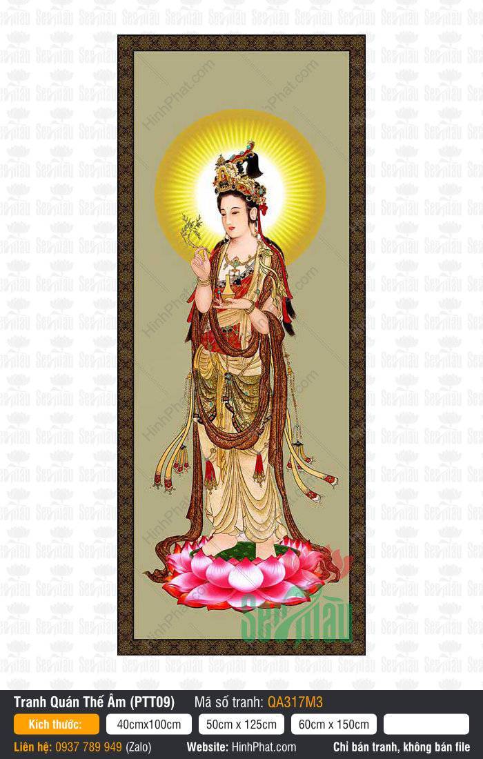 Hình Quan Thế Âm, Tranh Quan Thế Âm Đẹp QA317M3 Hình Quan Thế Âm QA317M3 ngự đài sen hồng tay cầm nhành dương liễu và bình vàng