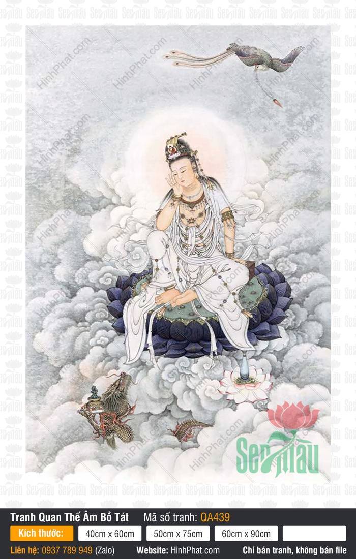 Hình Thờ Quan Thế Âm Bồ Tát QA439 Hình Thờ Quan Thế Âm Bồ Tát QA439 ngự tòa sen đen giữa mây khói cùng linh thú rồng và phượng