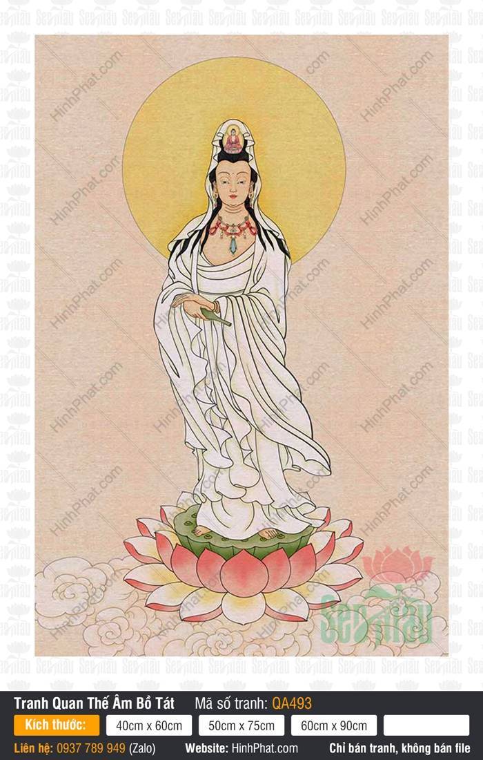Hình Thờ Quan Thế Âm Bồ Tát QA493 Hình Thờ Quan Thế Âm Bồ Tát QA493 diện bạch y thanh khiết đứng trên tòa sen hồng rực rỡ trang nghiêm