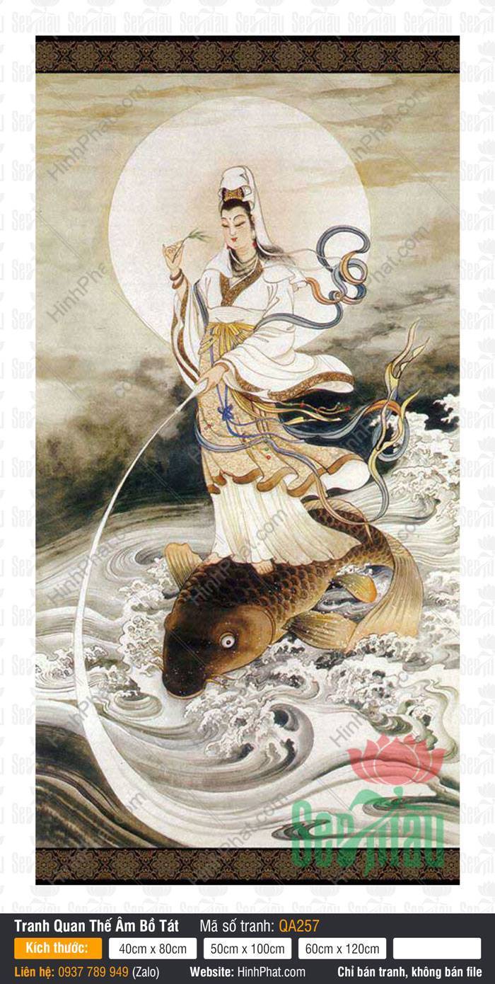 Phật Quan Âm Đẹp QA257 Phật Quan Âm Đẹp QA257 đứng trên lưng cá chép chao sóng rưới nước cam lộ