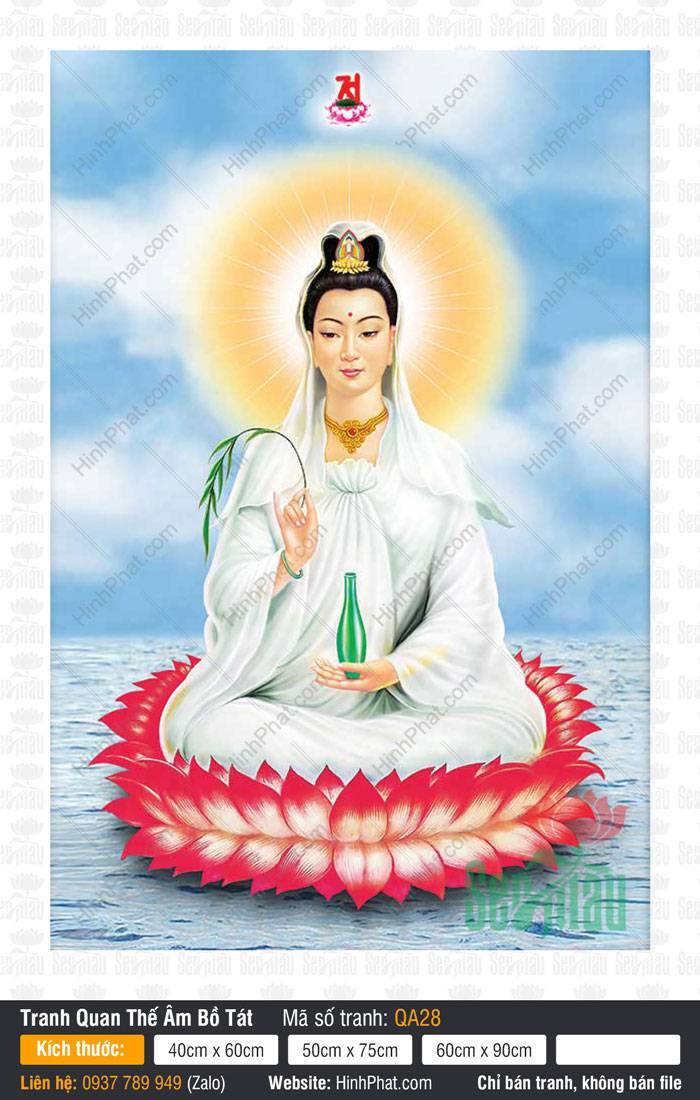 Phật Quan Âm Đẹp QA28 Phật Quan Âm Đẹp QA28 khoác y trắng ngự tòa sen đỏ trôi trên biển xanh