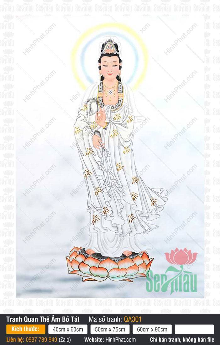Phật Quan Âm Đẹp QA301 Phật Quan Âm Đẹp QA301 khoác áo trắng điểm họa tiết vàng đứng đài sen