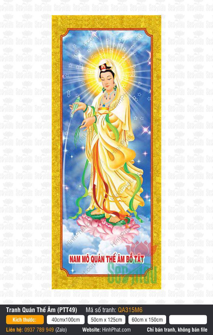 Phật Quan Âm Đẹp QA315M6 Phật Quan Âm Đẹp QA315M6 mặc y vàng đứng trên đài sen hồng giữa hào quang tỏa sáng