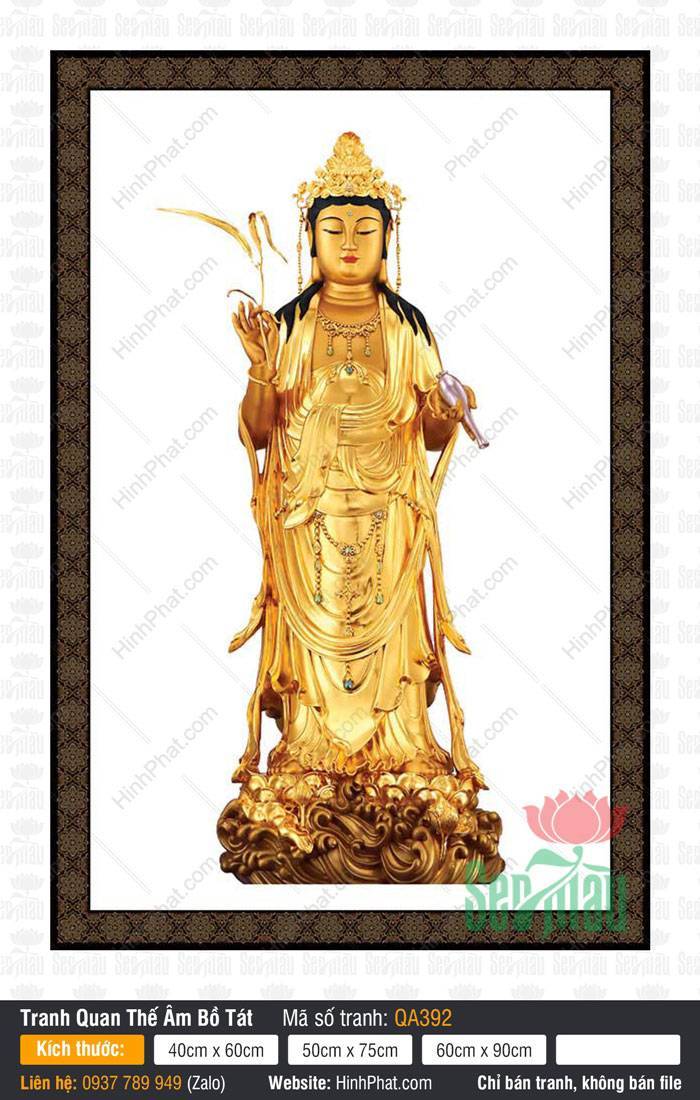 Phật Quan Âm Đẹp QA392 Phật Quan Âm Đẹp QA392 tôn tượng dát vàng đứng trên đài sen cầm nhành liễu