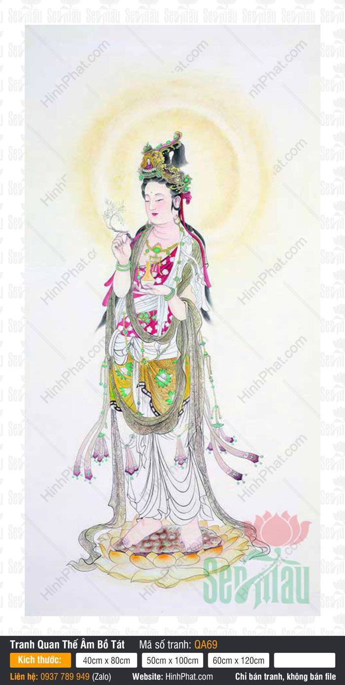 Phật Quan Âm Đẹp QA69 Phật Quan Âm Đẹp QA69 dáng đứng khoác xiêm y gấm thêu ngự đài sen nền trắng