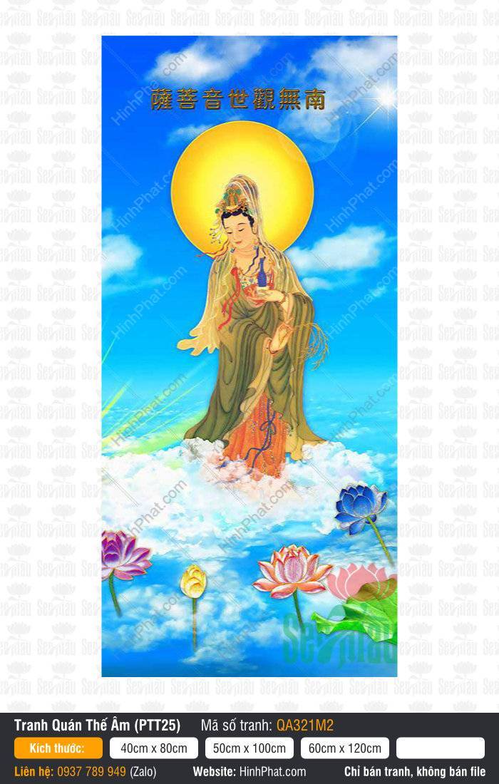 Phật Quan Âm Đẹp, Tranh Quan Âm Đẹp QA321M2 Phật Quan Âm Đẹp QA321M2 ngự trên mây trắng giữa bầu trời xanh và đóa sen hồng