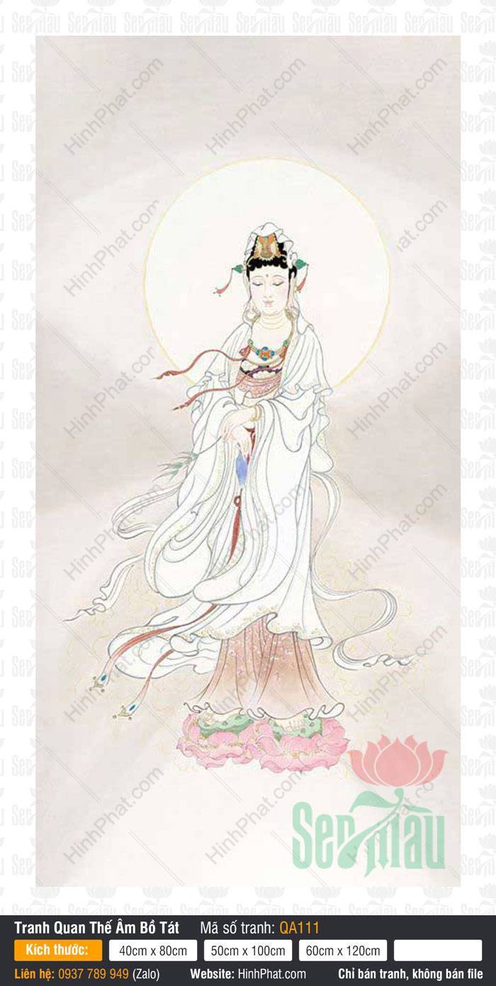 Quan Âm Bồ Tát QA111 Quan Âm Bồ Tát QA111 khoác y áo trắng đứng trên đài sen hồng thanh tịnh