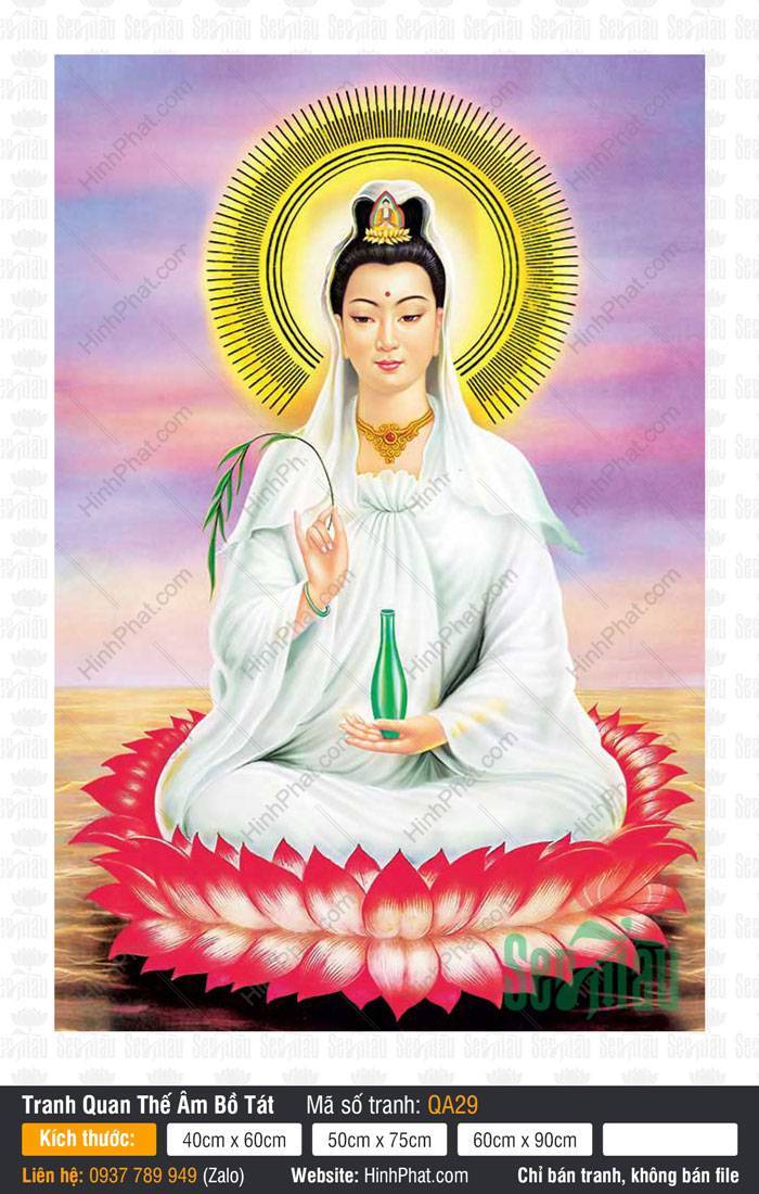 Quan Âm Bồ Tát QA29 Quan Âm Bồ Tát QA29 ngự đài sen đỏ rực rỡ tỏa hào quang giữa nền trời tím hồng