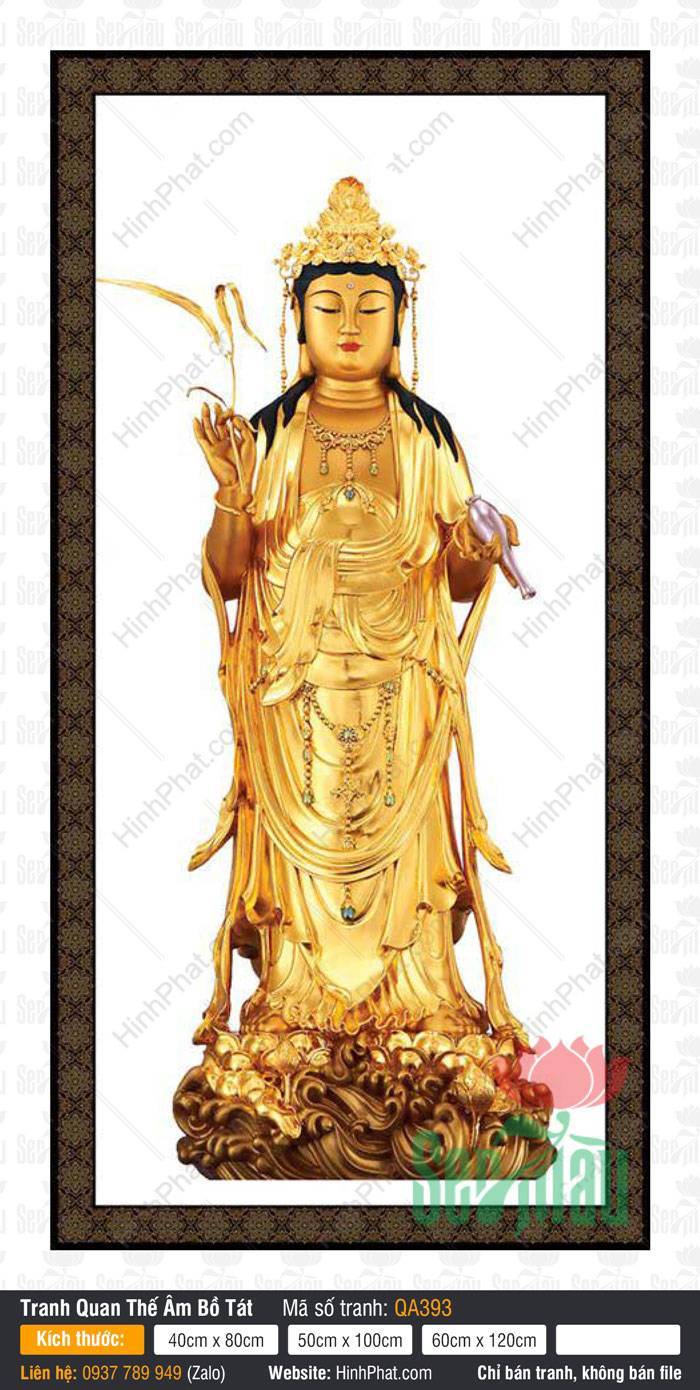 Quan Âm Bồ Tát QA393 Quan Âm Bồ Tát QA393 tôn tượng dát vàng đứng trên đài sen báu rực rỡ