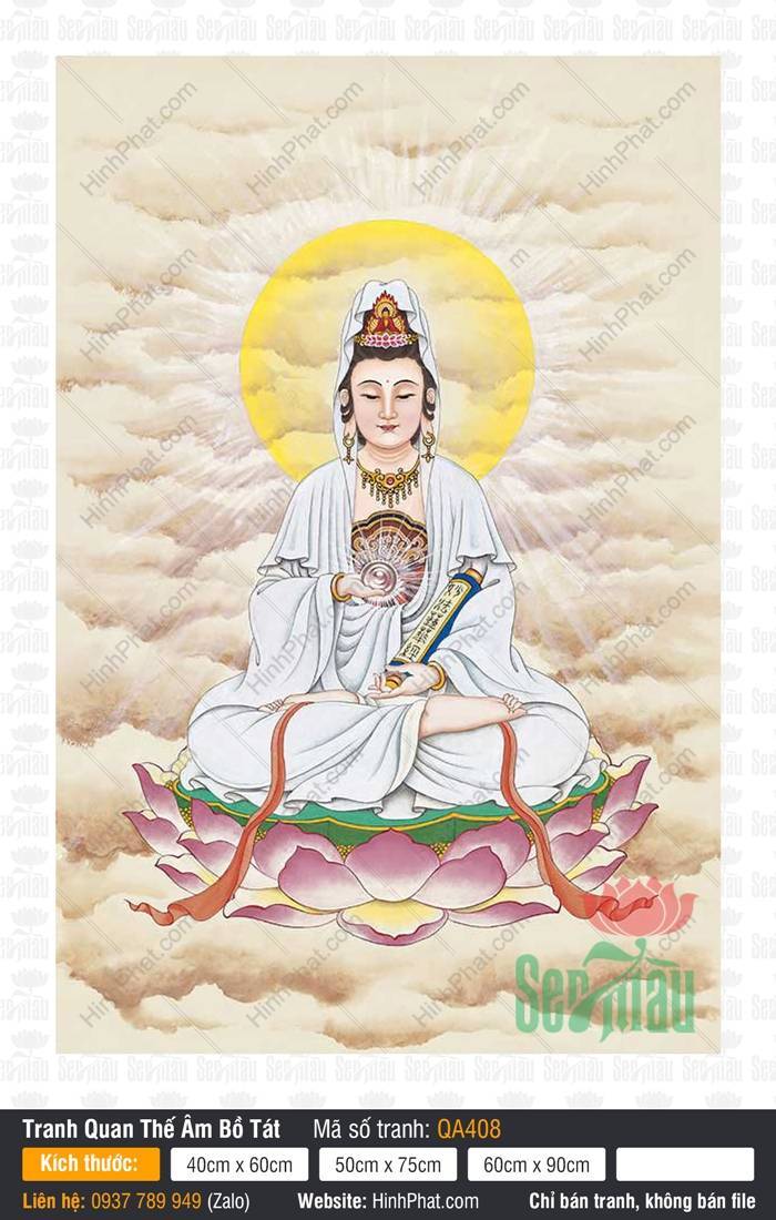 Quan Âm Bồ Tát QA408 Hình Quan Âm Bồ Tát QA408 ngồi kiết già trên tòa sen cầm bảo châu tỏa sáng rực rỡ