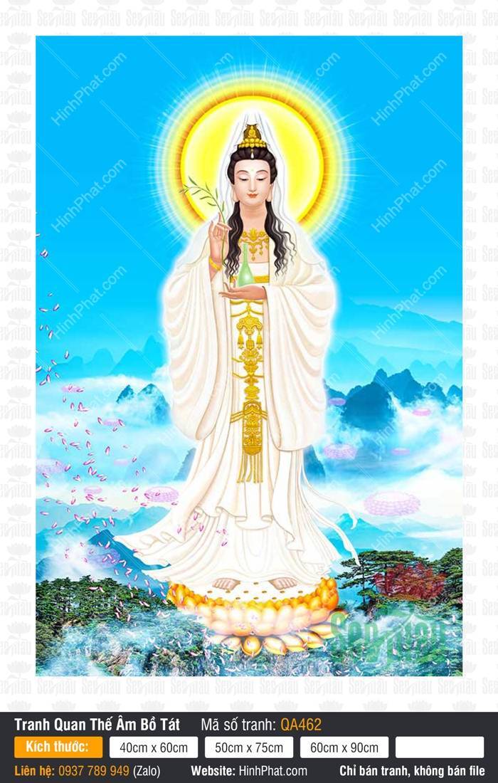 Quan Âm Bồ Tát QA462 Quan Âm Bồ Tát QA462 mặc y trắng đứng trên đài sen vàng giữa núi mây mờ ảo