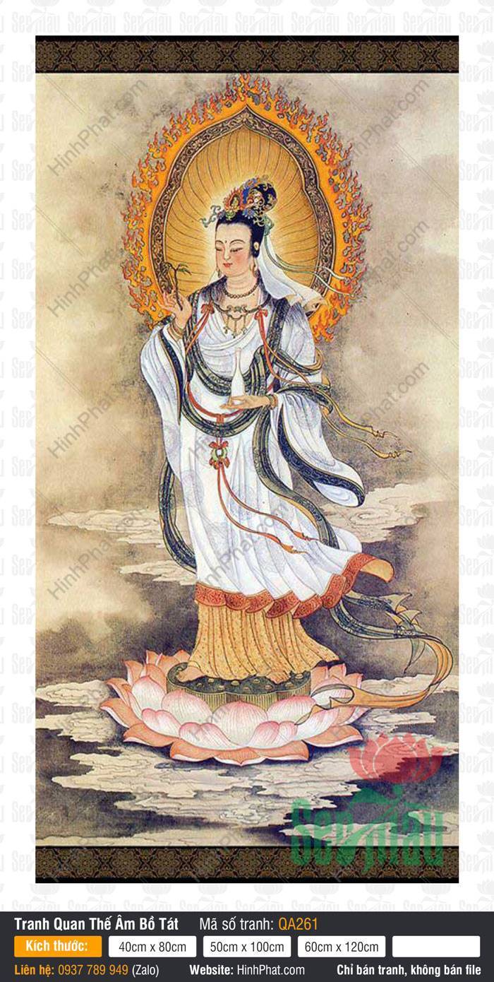 Quan Thế Âm Bồ Tát QA261 Quan Thế Âm Bồ Tát QA261 khoác áo trắng váy vàng đứng đài sen trước hào quang viền lửa