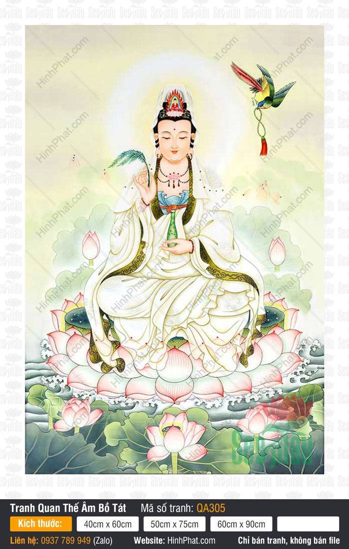 Quan Thế Âm Bồ Tát QA305 Quan Thế Âm Bồ Tát QA305 an tọa đài sen hồng nâng nhành dương liễu bên chim ngậm tràng hạt