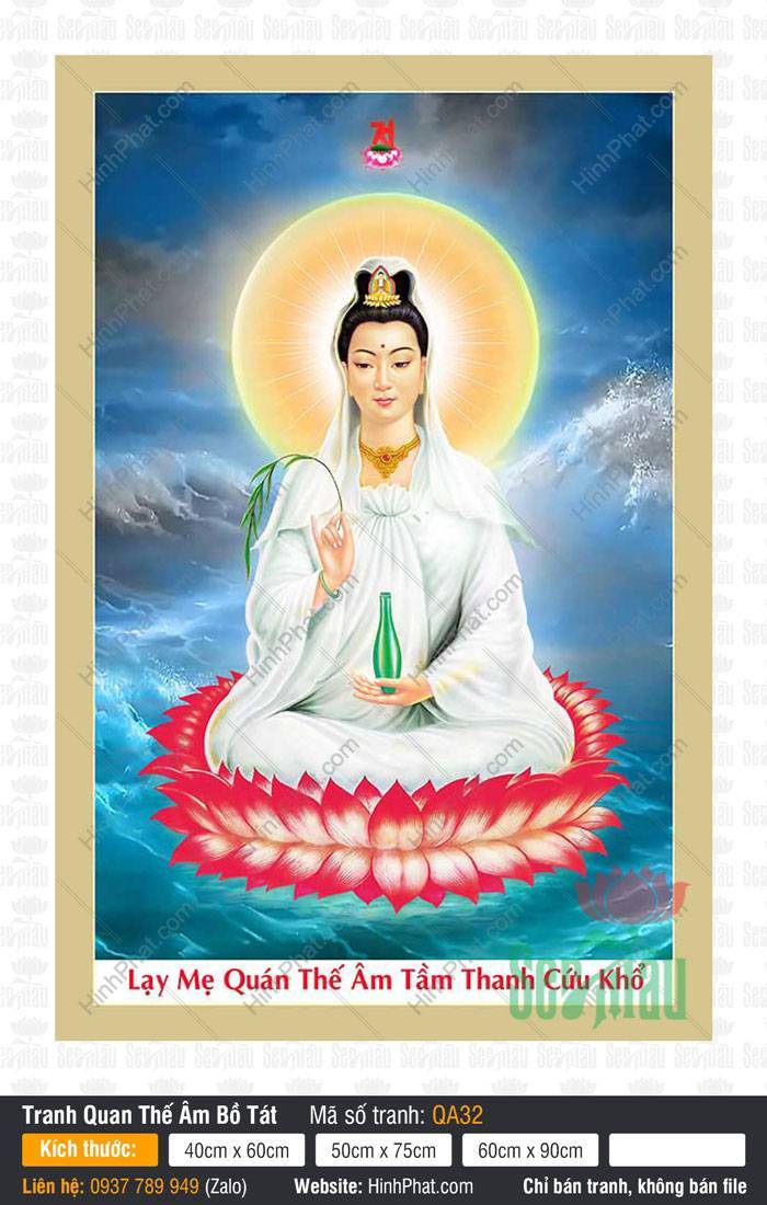 Quan Thế Âm Bồ Tát QA32 Quan Thế Âm Bồ Tát QA32 khoác y trắng ngự đài sen đỏ trên biển xanh cuộn sóng