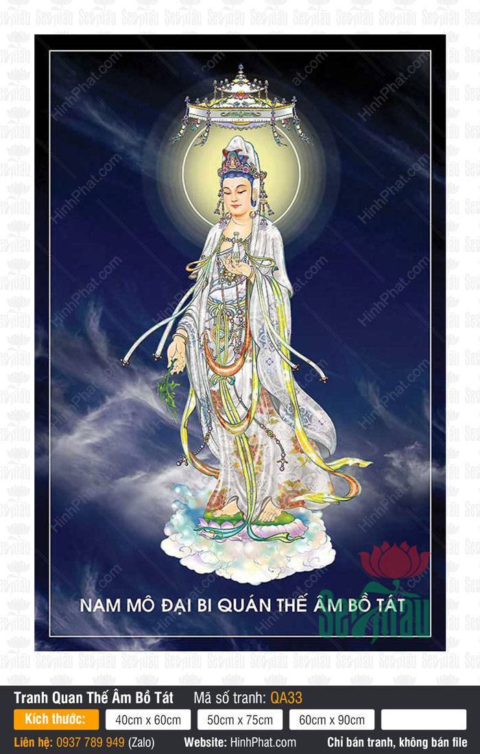 Quán Thế Âm Bồ Tát QA33 Quán Thế Âm Bồ Tát QA33 khoác pháp y trắng dáng đứng trên đài mây trắng