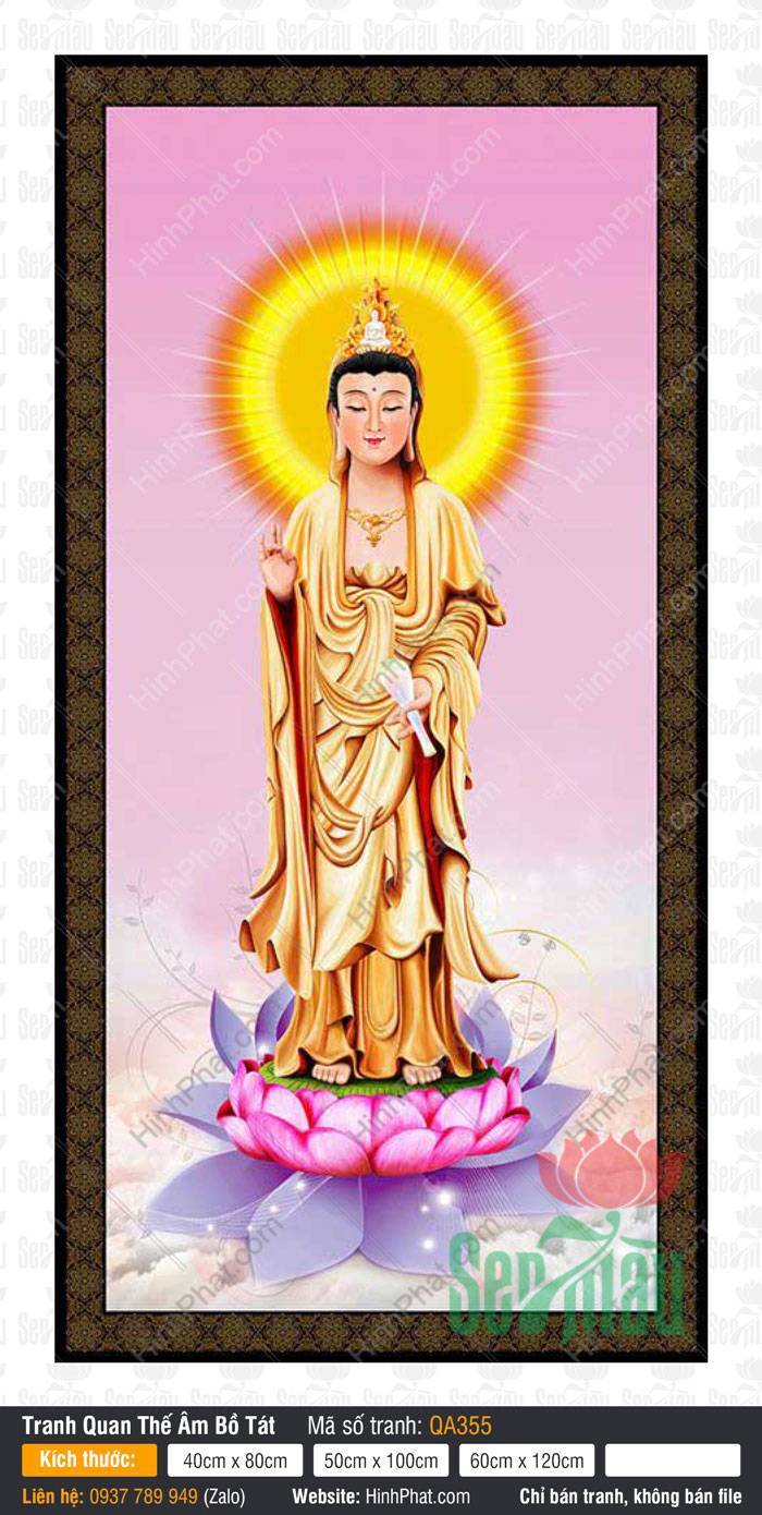 Quan Thế Âm Bồ Tát QA355 Quan Thế Âm Bồ Tát QA355 Bồ Tát mặc áo vàng đứng trên đài sen hồng rực rỡ