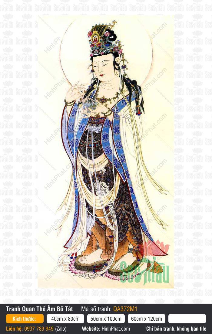 Quán Thế Âm Bồ Tát QA372M1 Quán Thế Âm Bồ Tát QA372M1 dáng đứng ngự đài sen y áo viền xanh nâng bát ngọc
