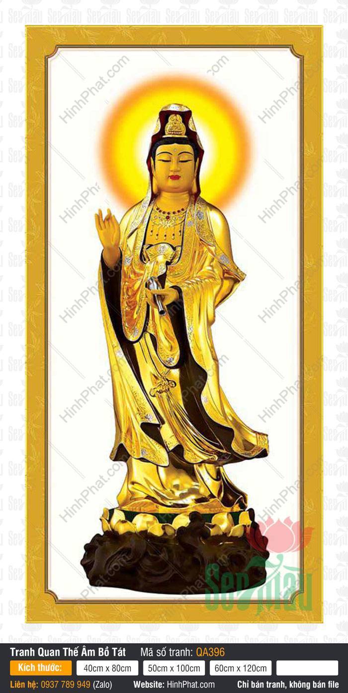 Quan Thế Âm Bồ Tát QA396 Quan Thế Âm Bồ Tát QA396 tôn tượng đứng dát vàng cầm bình cam lộ hào quang tỏa sáng
