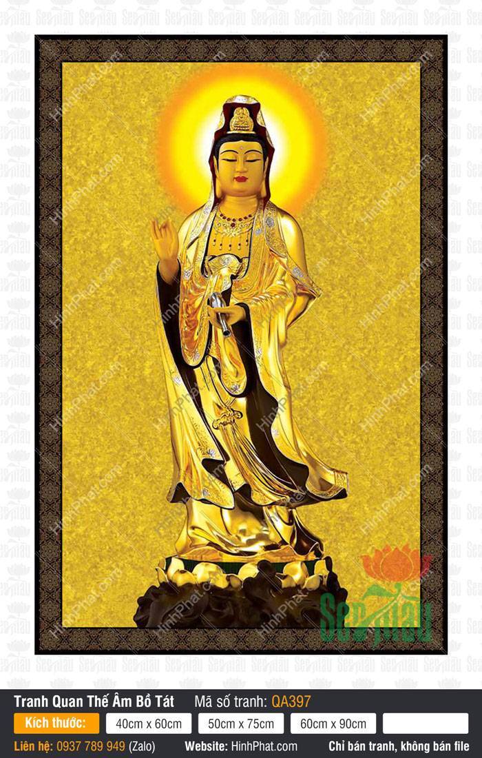 Quán Thế Âm Bồ Tát QA397 Quán Thế Âm Bồ Tát QA397 tôn tượng dát vàng đứng trên đài sen tỏa hào quang rực rỡ