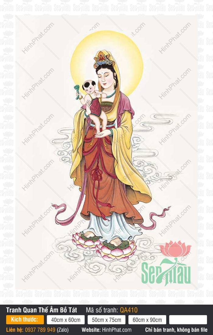Quán Thế Âm Bồ Tát QA410 Hình Quán Thế Âm Bồ Tát QA410 bồng Đồng Tử đứng trên đài sen hồng rực rỡ