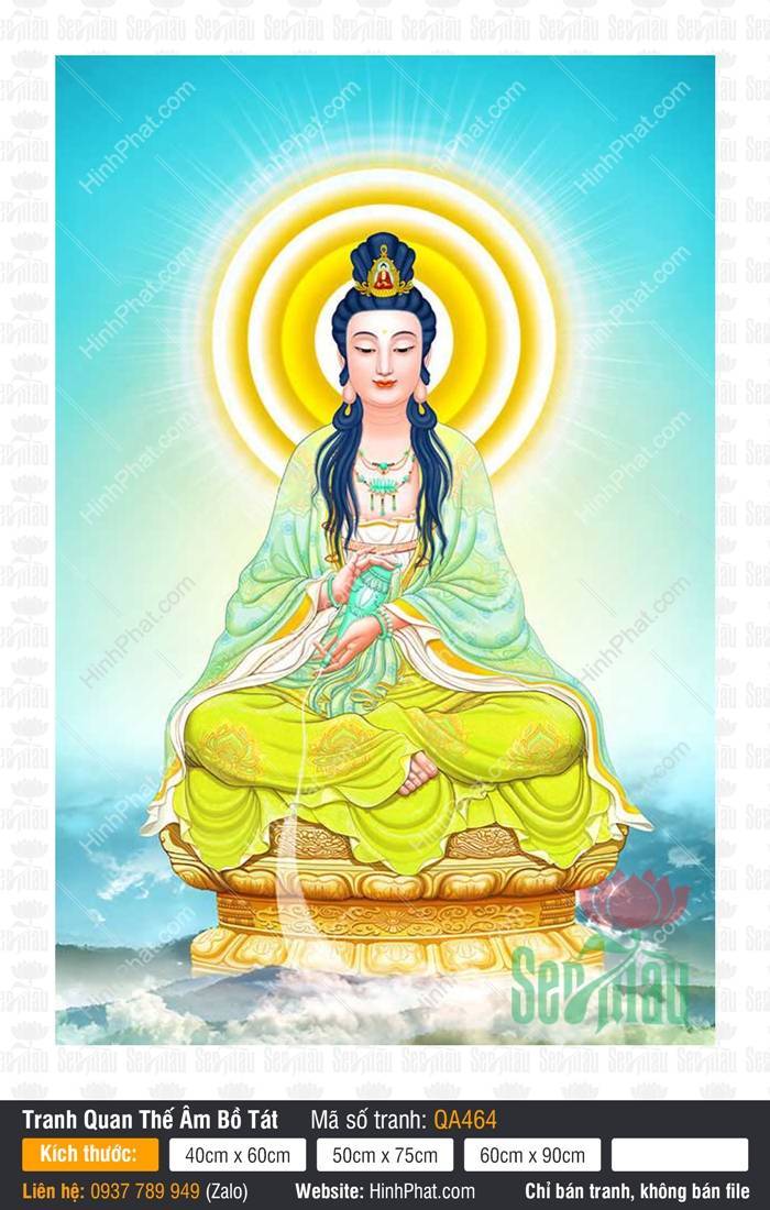 Quán Thế Âm Bồ Tát QA464 Quán Thế Âm Bồ Tát QA464 ngồi tòa sen vàng cầm hoa sen y phục xanh thanh tịnh