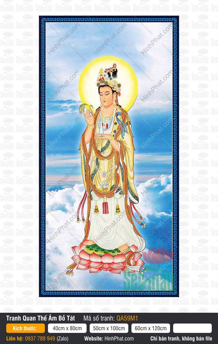 Quan Thế Âm Bồ Tát QA59M1 Quan Thế Âm Bồ Tát QA59M1 dáng đứng khoác y vàng ngự trên đài sen hồng