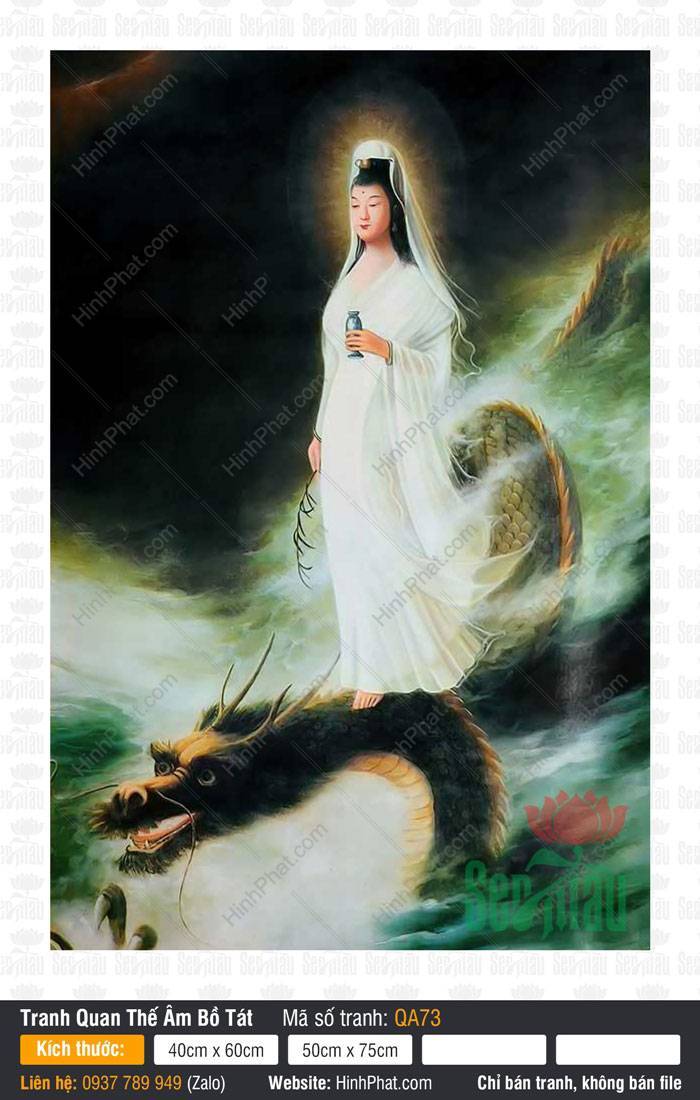 Quan Thế Âm Bồ Tát QA73 Quan Thế Âm Bồ Tát QA73 khoác áo trắng đứng trên rồng xanh giữa mây nước
