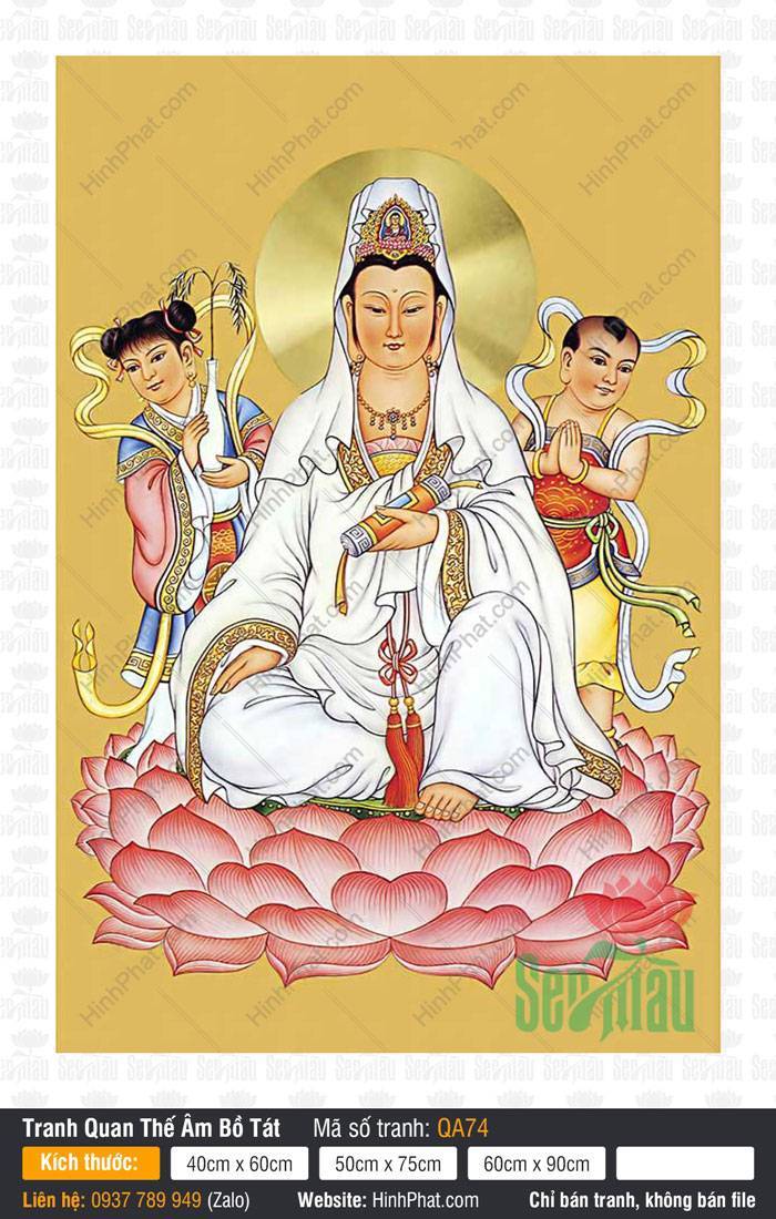 Quán Thế Âm Bồ Tát QA74 Quán Thế Âm Bồ Tát QA74 áo trắng tay cầm cuộn kinh an tọa tòa sen hồng