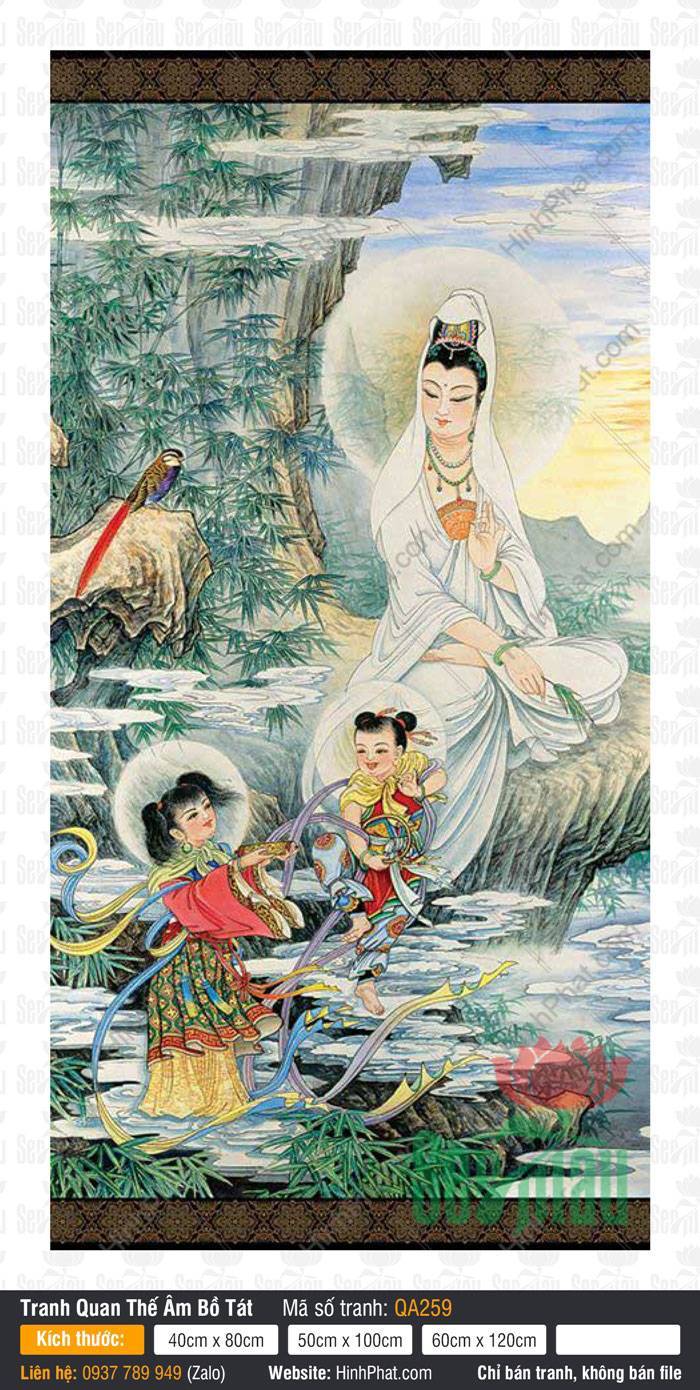 Quan Thế Âm QA259 Quan Thế Âm QA259 an tọa trên vách đá bên rừng trúc xanh cùng hai đồng tử