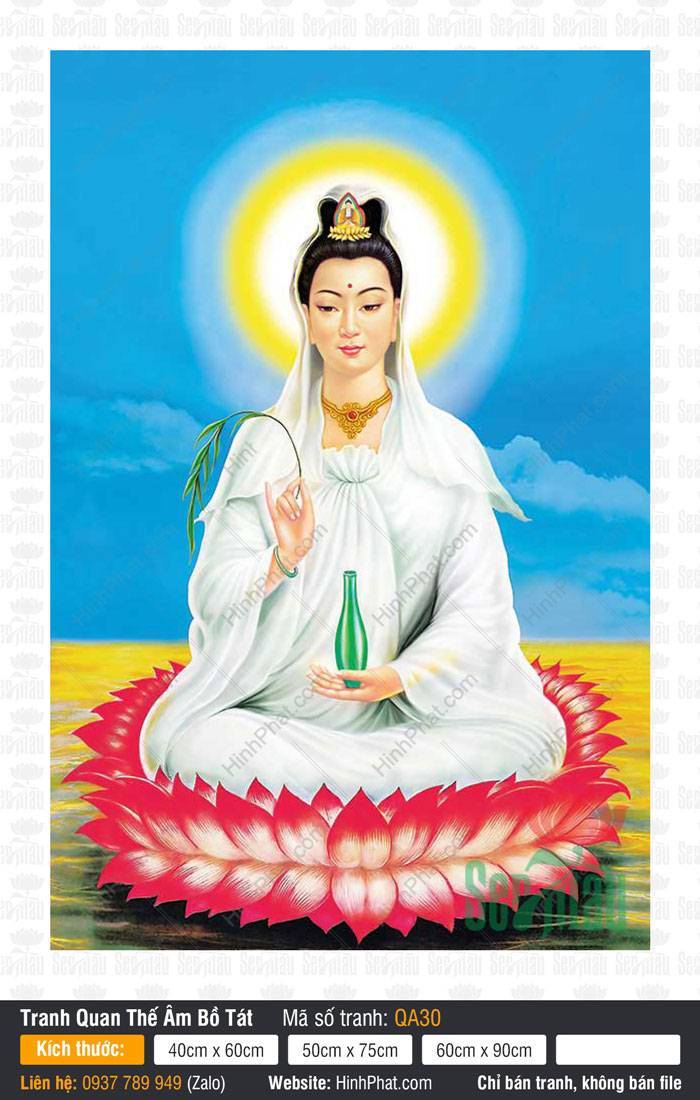 Quan Thế Âm QA30 Tác phẩm Quan Thế Âm QA30 ngự tòa sen đỏ rực trên mặt biển vàng dưới bầu trời xanh