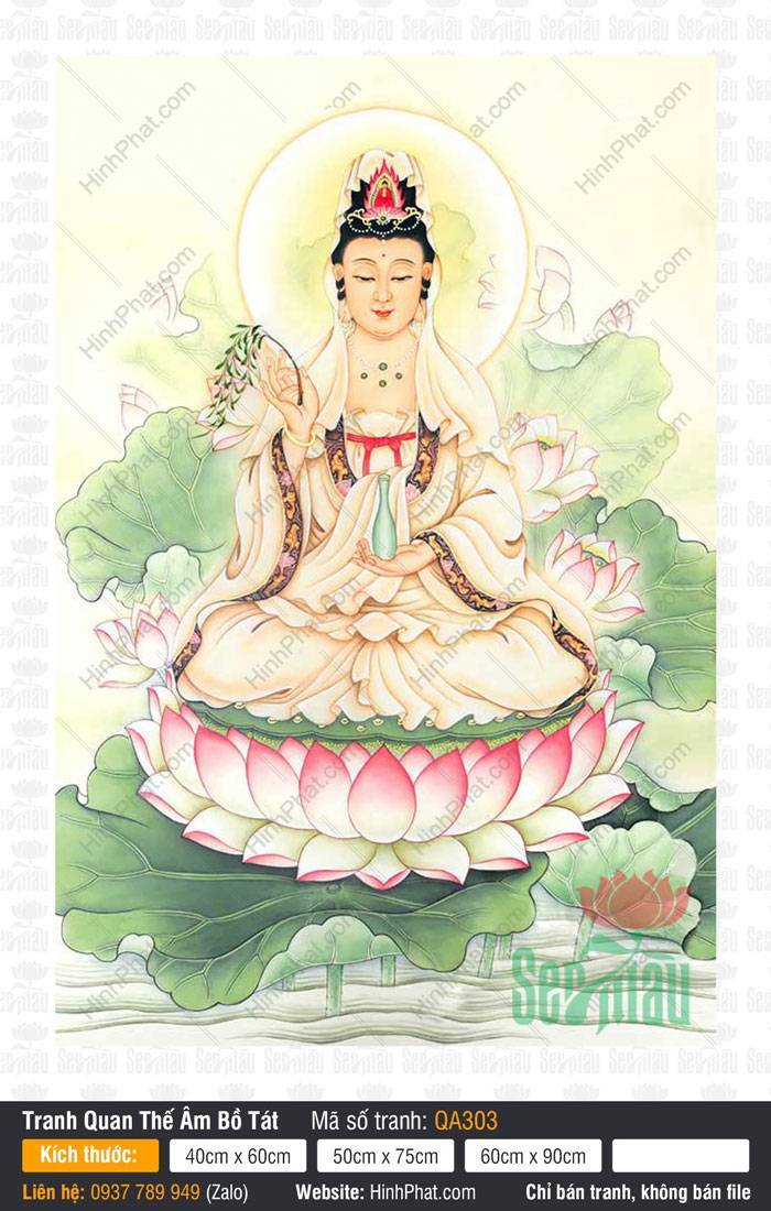 Quan Thế Âm QA303 Quan Thế Âm QA303 an tọa trên đài sen hồng rực rỡ giữa tán lá sen xanh