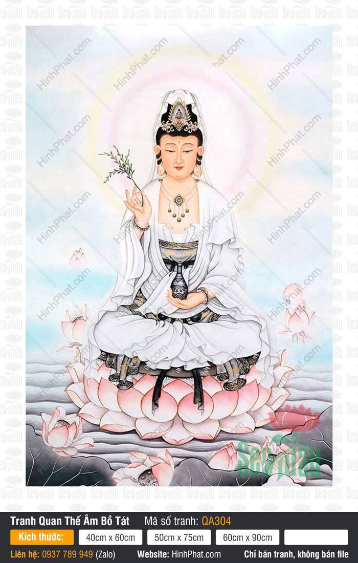 Quán Thế Âm QA304 Quán Thế Âm QA304 khoác bạch y tọa thiền trên đài sen hồng giữa hồ sen