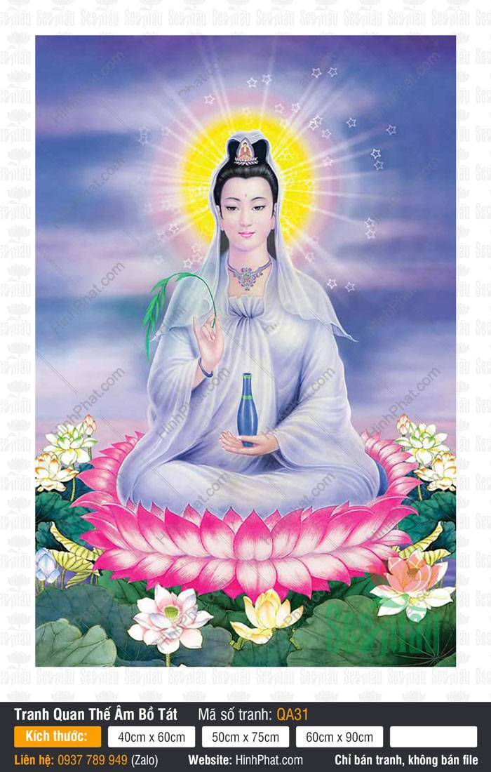 Quán Thế Âm QA31 Quán Thế Âm QA31 áo trắng ngồi đài sen hồng bên hồ sen nền mây tím