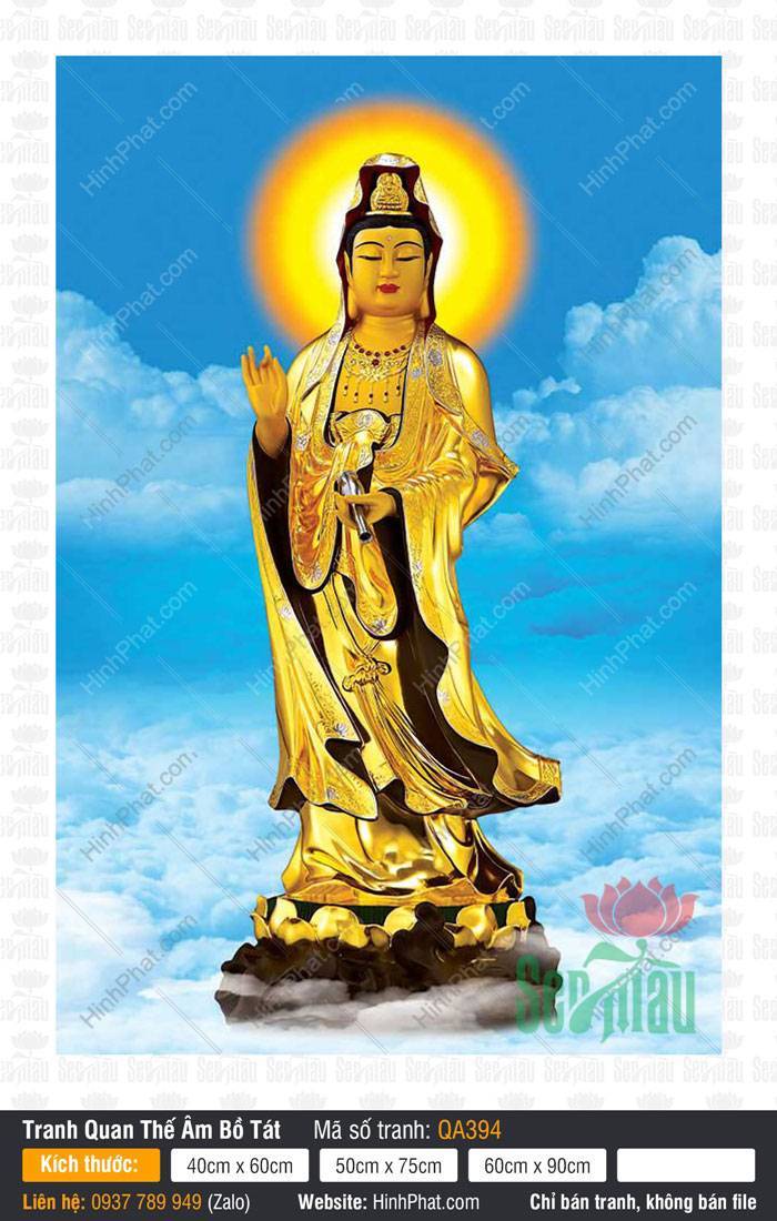 Quan Thế Âm QA394 Quan Thế Âm QA394 tôn tượng Bồ Tát dát vàng đứng trên đài sen nền trời mây xanh