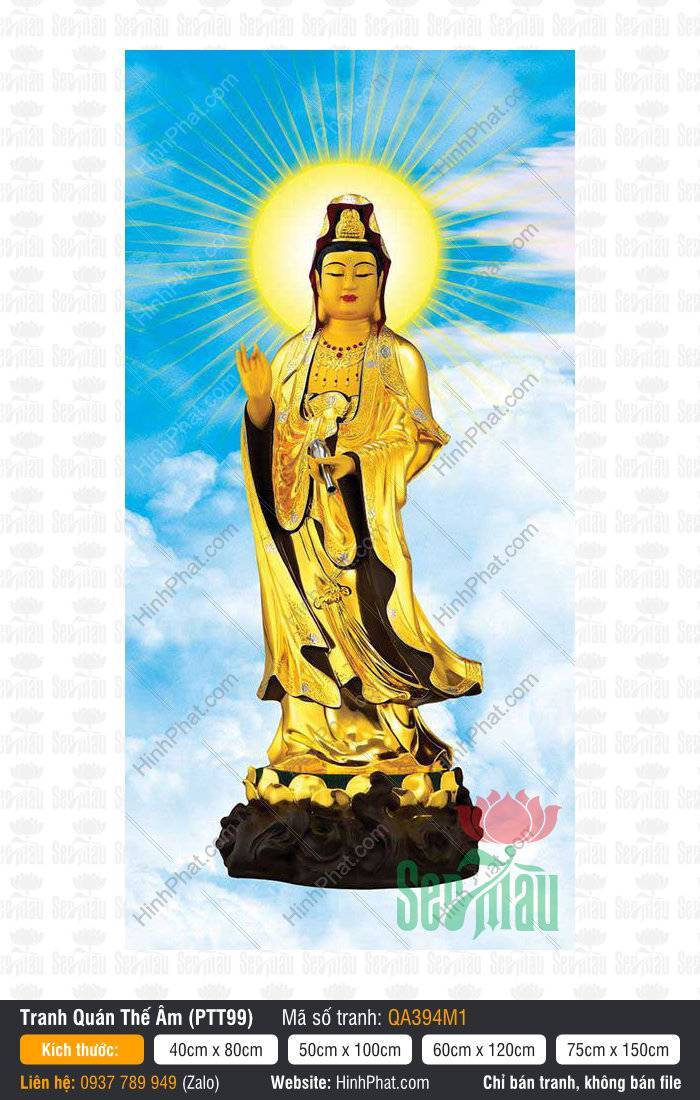 Quan Thế Âm QA394M1 Tượng Quan Thế Âm QA394M1 bằng vàng đứng trên đài sen tỏa hào quang mặt trời rực rỡ