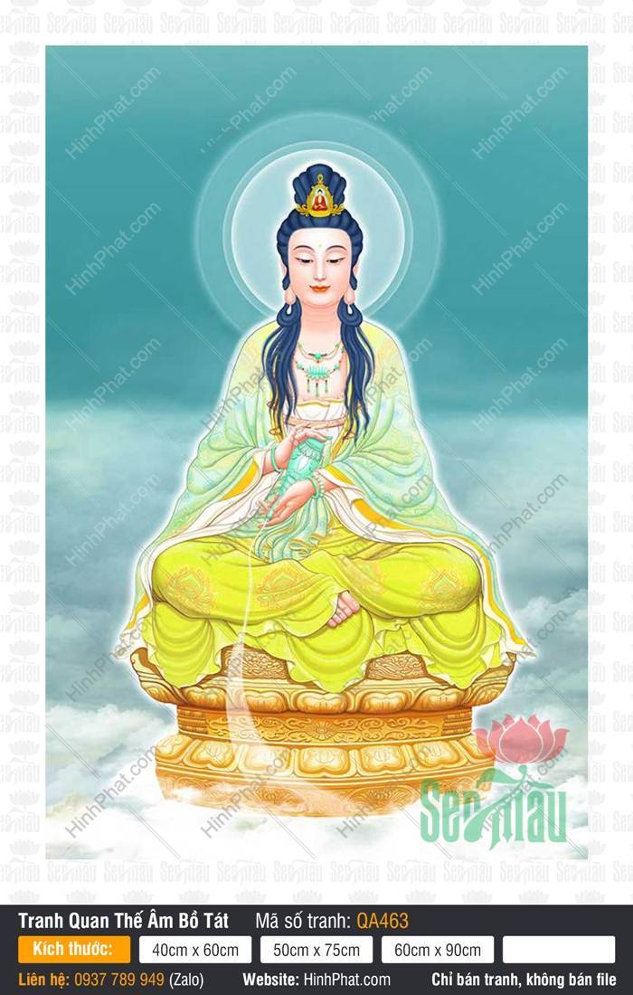 Quán Thế Âm QA463 Quán Thế Âm QA463 Bồ Tát ngự tòa sen vàng tay nâng bình cam lộ dương liễu