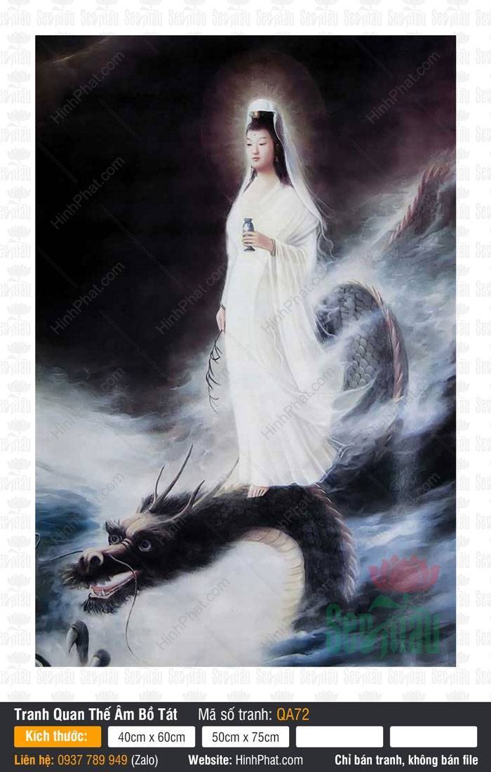 Quán Thế Âm QA72 Tranh Quán Thế Âm QA72 áo trắng đứng trên lưng rồng đen giữa sóng mây