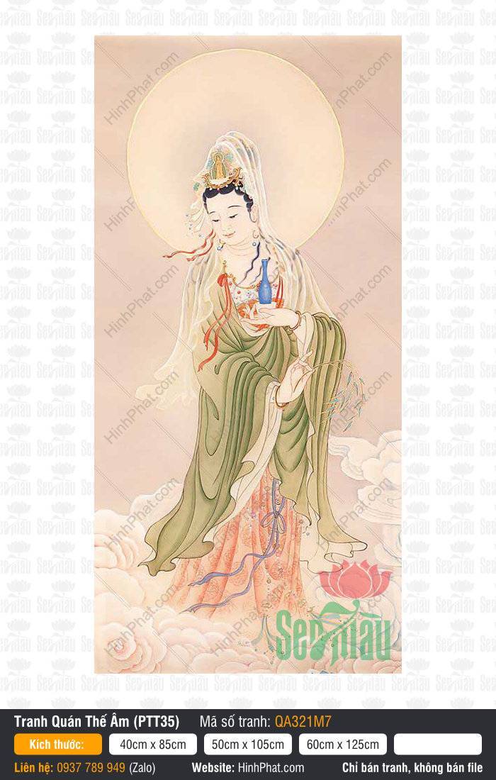 Quan Thế Âm, Tranh Quan Thế Âm Đẹp Nhất QA321M7 Quan Thế Âm, Tranh Quan Thế Âm Đẹp Nhất QA321M7 khoác y phục xanh ngự mây hồng