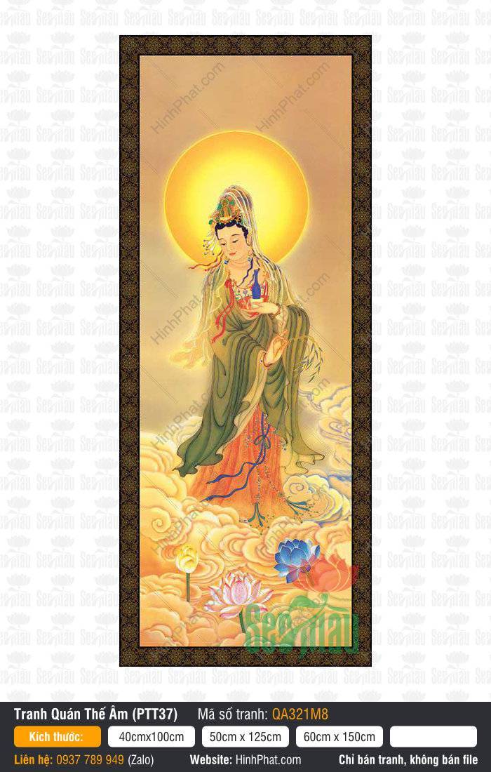 Quán Thế Âm, Tranh Quán Thế Âm Đẹp QA321M8 Quán Thế Âm, Tranh Quán Thế Âm Đẹp QA321M8 đứng ngự mây vàng tay cầm bình tịnh thủy
