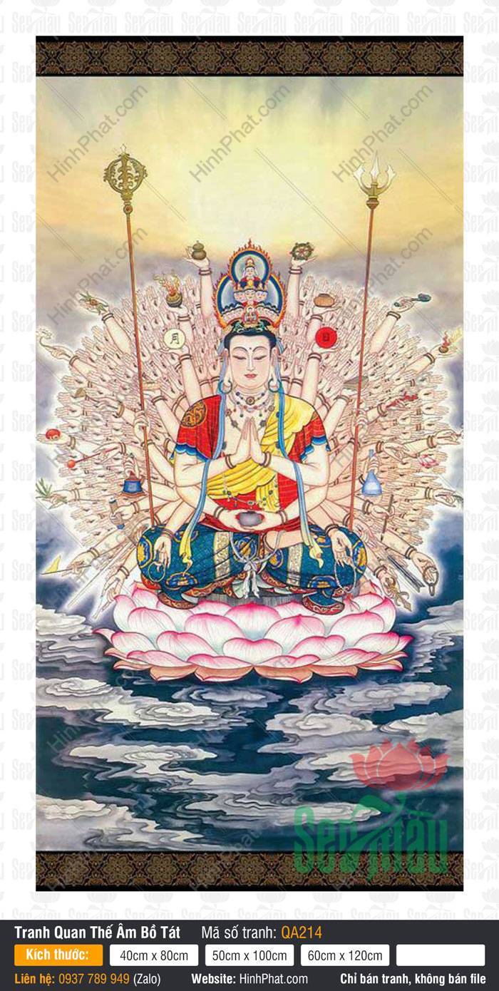 Tôn Ảnh Quán Thế Âm Bồ Tát QA214 Tôn Ảnh Quán Thế Âm Bồ Tát QA214 dáng Thiên Thủ Thiên Nhãn ngồi đài sen hồng