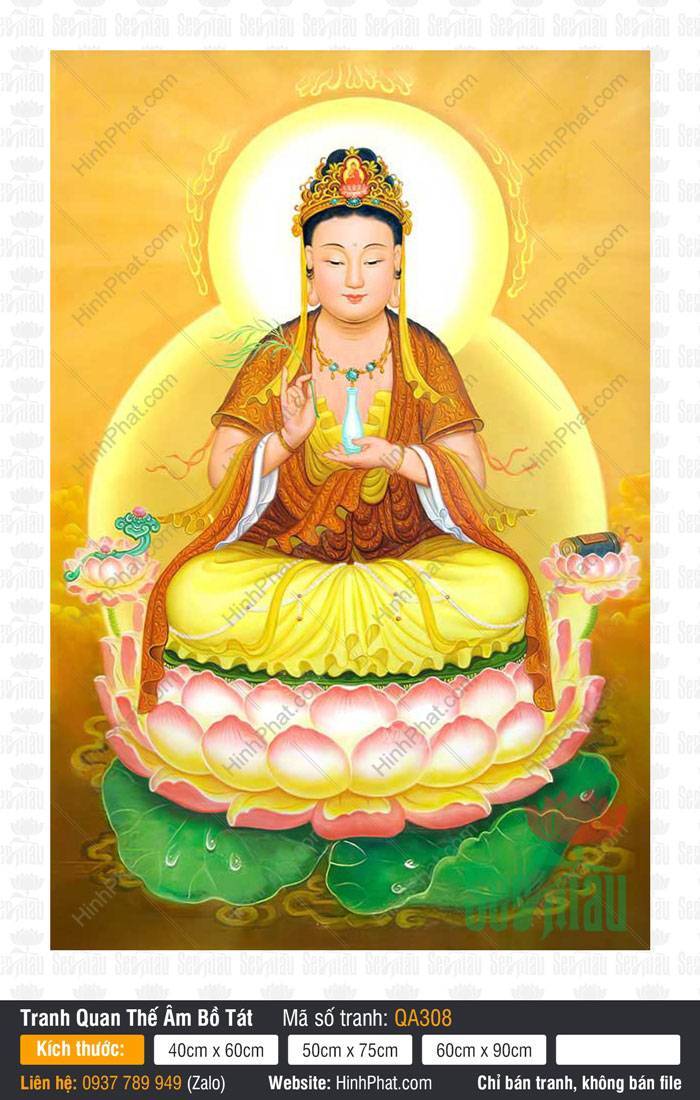 Tôn Ảnh Quán Thế Âm Bồ Tát QA308 Tôn Ảnh Quán Thế Âm Bồ Tát QA308 khoác y vàng an tọa trên đài sen hồng nền vàng