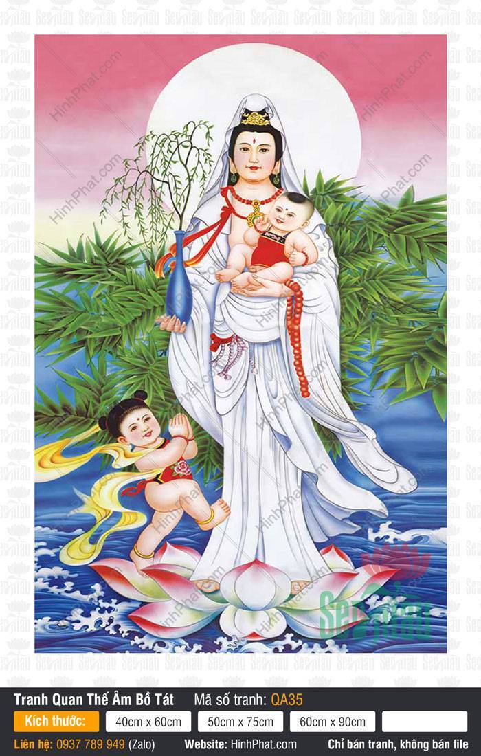 Tôn Ảnh Quán Thế Âm Bồ Tát QA35 Tôn Ảnh Quán Thế Âm Bồ Tát QA35 bồng hài nhi đứng trên đài sen giữa biển xanh