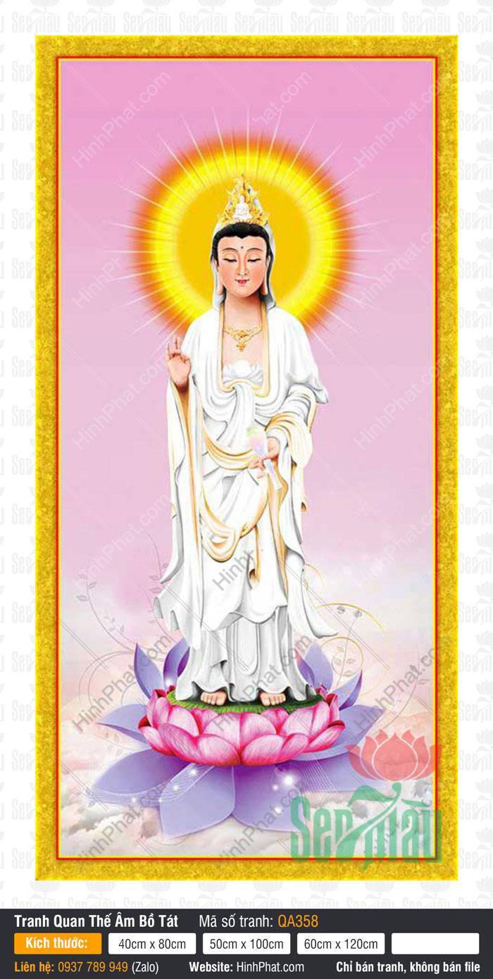 Tôn Ảnh Quán Thế Âm Bồ Tát QA358 Tôn Ảnh Quán Thế Âm Bồ Tát QA358 Bồ Tát mặc áo trắng đứng trên đài sen hồng rực rỡ