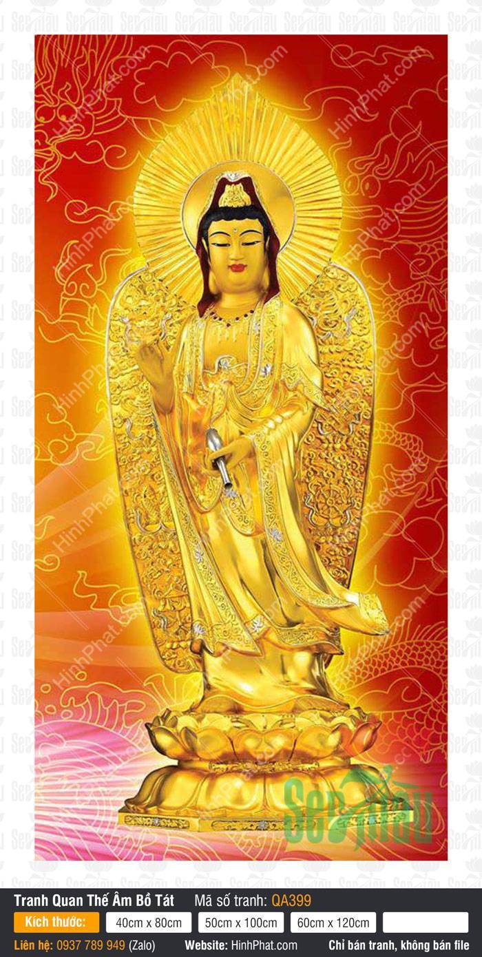 Tôn Ảnh Quán Thế Âm Bồ Tát QA399 Tôn Ảnh Quán Thế Âm Bồ Tát QA399 dát vàng uy nghiêm đứng trên tòa sen vàng nền đỏ rực rỡ