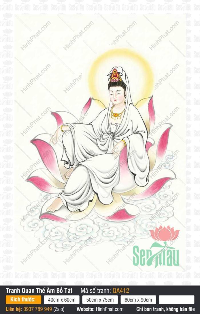 Tôn Ảnh Quán Thế Âm Bồ Tát QA412 Tôn Ảnh Quán Thế Âm Bồ Tát QA412 mặc bạch y ngồi tự tại trên tòa sen hồng giữa làn mây trắng