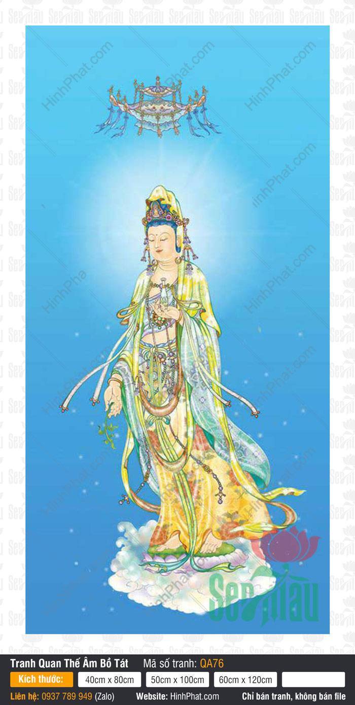 Tôn Ảnh Quán Thế Âm Bồ Tát QA76 Tôn Ảnh Quán Thế Âm Bồ Tát QA76 áo vàng ngự trên mây sen nền trời xanh