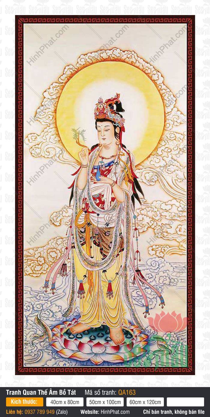 Tôn Ảnh Quan Thế Âm QA163 Tôn Ảnh Quan Thế Âm QA163 áo nhiều lớp đứng đài sen tỏa hào quang