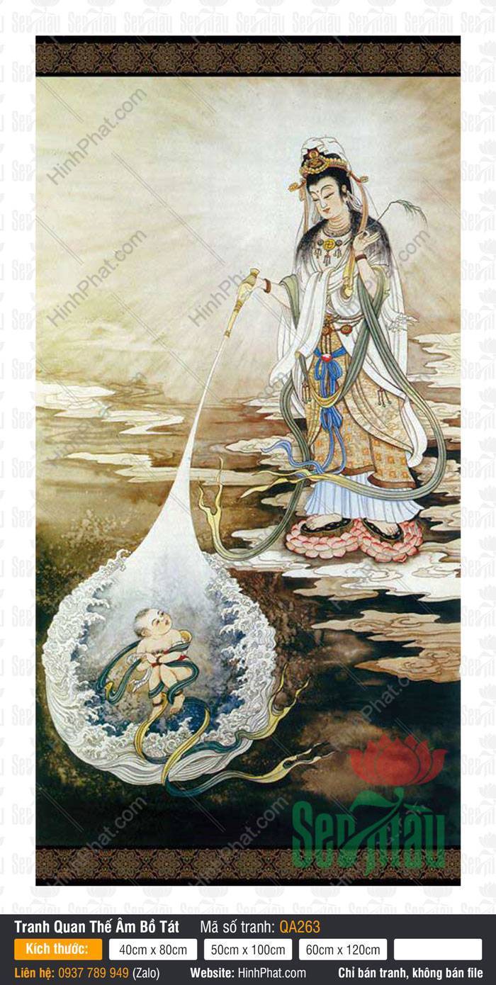 Tôn Ảnh Quan Thế Âm QA263 Tôn Ảnh Quan Thế Âm QA263 rưới dòng cam lồ cứu độ đồng tử giữa mây sóng