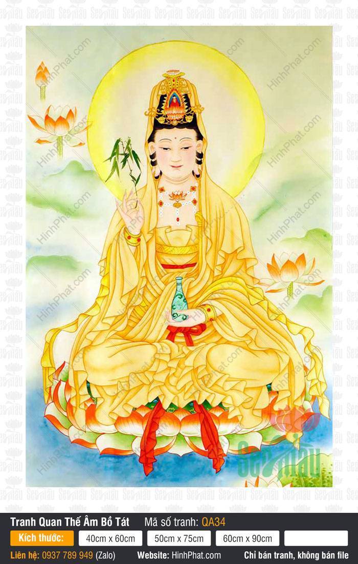 Tôn Ảnh Quan Thế Âm QA34 Tôn Ảnh Quan Thế Âm QA34 khoác y vàng ngự đài sen tỏa hào quang giữa mây xanh